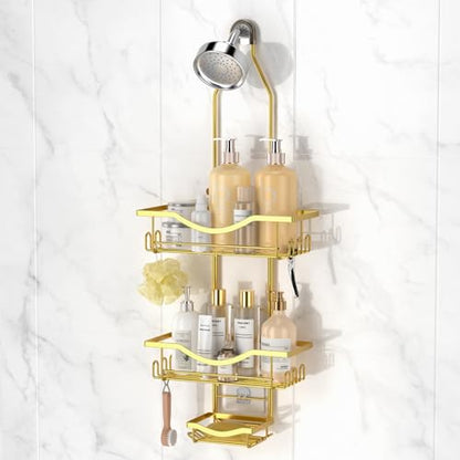 Shower Caddy Hanging Adjustable Shower Caddy, Rustproof Shower Organizer Extended Length Showers Caddy Over Shower Head with Hooks Soap Holder, Large Capacity Anti-Swing Bathroom Organizer, Gold - color: Gold