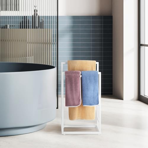 Freestanding Towel Rack for Bathroom 2 Tier Small Metal Hand Towel Holder Stand Towel Bar Towel Drying Rack Floor for Bedroom Laundry Room, White - color: White