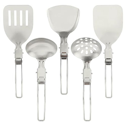 Camping Kitchen Utensil Set, 5Pcs Portable Foldable Stainless Steel Outdoor Cooking Utensil, Practical Folding Soup Ladles Strainer Spatula Kitchen Gear for Outdoor Camping