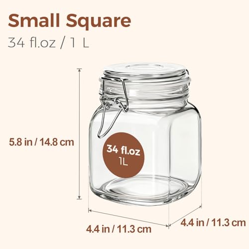 ComSaf 3-Pack Square Glass Coffee Canisters for 1lb Bean Bags, 34oz Airtight Jars with Clamp Lids for Tea, Sugar & Flour, Space-Saving Pantry Organization for Small Apartments & Coffee Station - size: 34oz*3