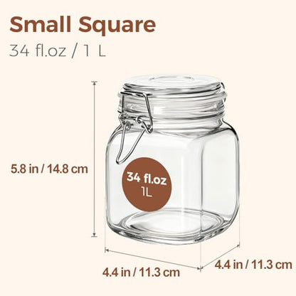 ComSaf 3-Pack Square Glass Coffee Canisters for 1lb Bean Bags, 34oz Airtight Jars with Clamp Lids for Tea, Sugar & Flour, Space-Saving Pantry Organization for Small Apartments & Coffee Station - size: 34oz*3