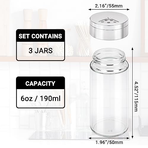 Segarty Spice Jar with Shaker Lids, 3 Pack 6 oz Spice Jars with Adjustable Pour Large Holes for Herbs Grains, Empty Glass Spices Bottles Seasoning Containers Clear Salt Pepper Shakers - size: 6oz / 190ml