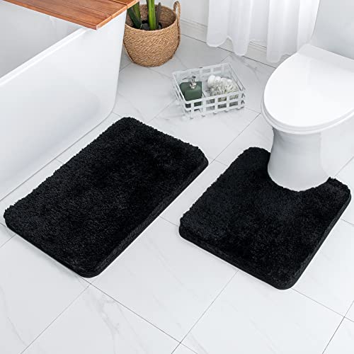 MIULEE Black Bathroom Rugs Set 2 Piece, Soft Absorbent Microfiber Bath Mat and U-Shaped Contour Toilet Rug, Non Slip Quick Dry Washable Plush Shaggy Bath Rugs for Bathroom，20"x30"+20"x24" - color: Black, size: U 20''x24'' + 20''x30''
