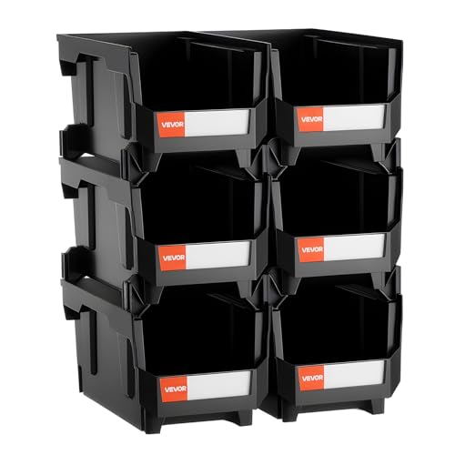 VEVOR Plastic Stackable Storage Bins, 14.8 x 8.5 x 7.1 inch (6 Pack), Plastic Containers for Organizing and Storage Bins for Closet, Garage, Small Parts, Office Supplies and Other Accessories, Black - size: 14L