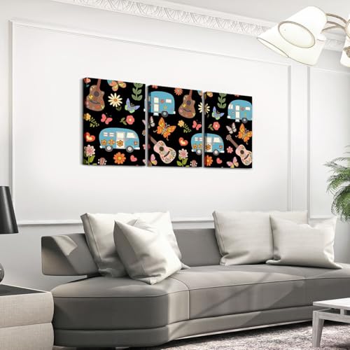 Erosebridal Boho Camper Framed Wall Decor Happy Camping Canvas Wall Art For Bedroom Boho Florals Wildflower Butterfly Paintings Posters 3 Piece 12"X16" Retro 70S Hippie Guitar Pictures Prints - color: Black Blue Brown Pink Green