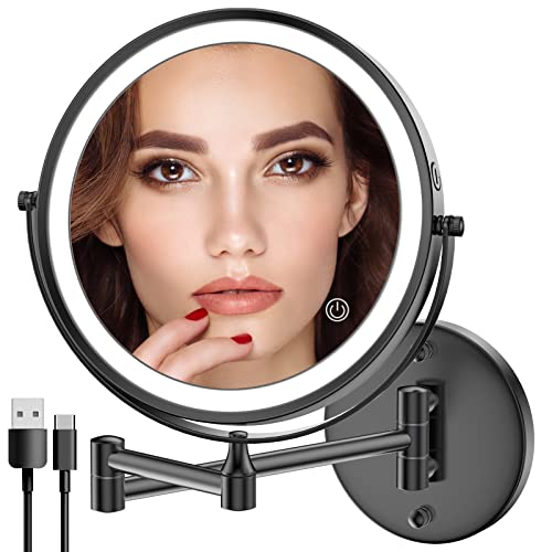 Rocollos Rechargeable Wall Mounted Lighted Makeup Mirror, 8 Inch Double-Sided LED Vanity Mirror 1X/10X Magnification,3 Color Lights Touch Screen Dimmable 360°Swivel 13 Inch Extendable - color: 8 Inch Black