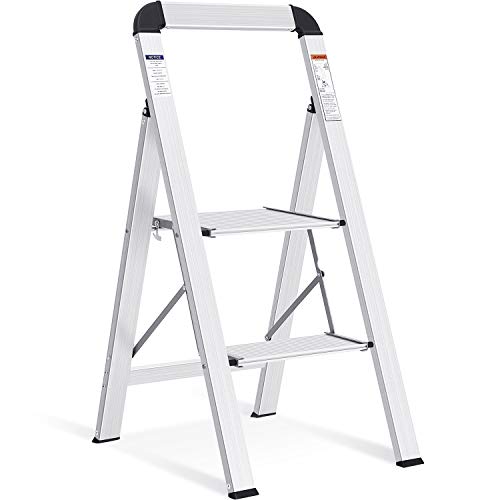 KINGRACK Aluminium 2 Step Ladder, Lightweight Step Stool with Non-Slip Pedals, Handrail, 330LBS Foldable Step Ladder for Kitchen, Garage, Home, Space Saving, Sturdy and Portable, Silver - color: Silver, size: 2-step with Handrail