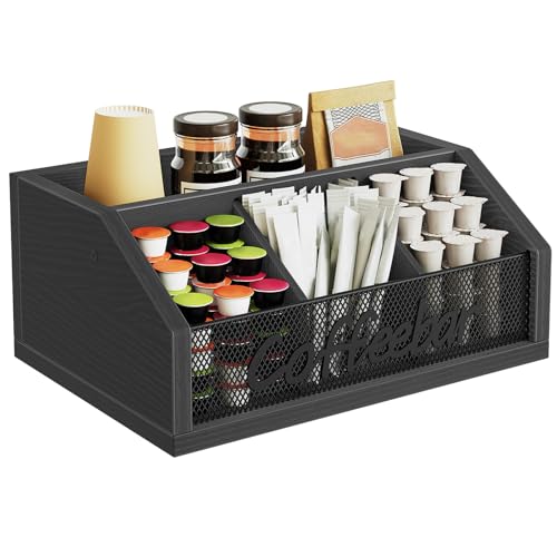 YATINEY Coffee Bar Organizer, Wooden Coffee Pod Organizer for Countertop, Versatile Pod Holder with Dividers, Holds Syrup, Cups, Tea Bags, Easy Assembly, Black KH11BB - color: Black