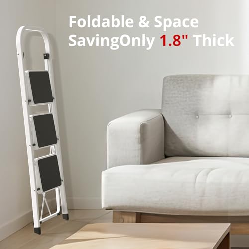 HBTower Step Ladder Folding Step Stool for Adults with Anti-Slip Pedal,330 lbs Capacity for Kitchen, Home,White - size: 3 Step Ladder