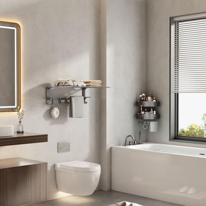 VOLPONE 24 Inch Towel Rack with Towel Bar Holder Foldable Large Towel Shelf with Movable Hooks Rustproof Widened Towel Storage Rack Wall Mount for Bathroom Lavatory Matte Grey - color: Matte Grey
