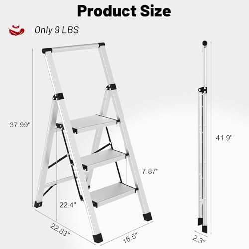 3 Step Ladder Aluminum Lightweight Folding Step Stool, 600lbs Max Load Heavy Duty Step Stool with Safety Handrail, Slim Foldable Kitchen Stool with Anti-Slip Pedal for Home Sliver，3 Steps - size: 3 steps