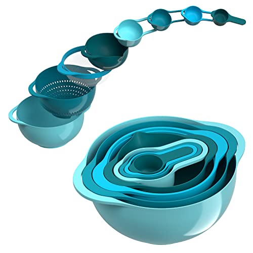 Mixing Bowls-Plastic Nesting Mixing Bowl Set of 8, Kitchen Gadgets for Apartments Space Saving, Including Measuring Cups Sifter Colander, Easy Storage Cooking Baking, Rv Camper Accessories, No BPA - color: Blue Cyan