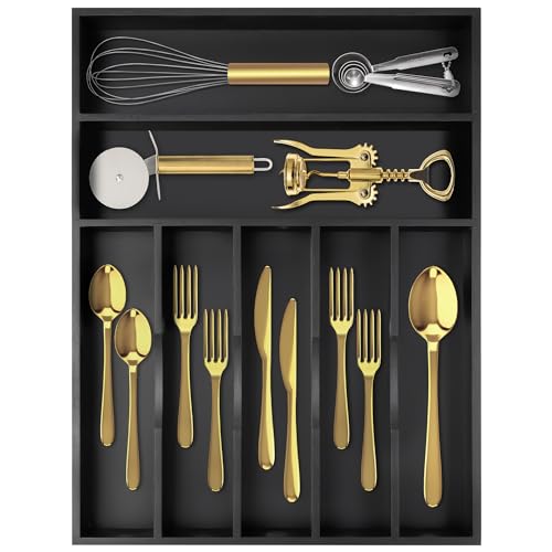 Silverware Organizer Bamboo Kitchen Drawer Organizer Utensil Organizer Silverware Holder Cutlery Organizer in drawer Flatware Organizer Tray (Black 7 Slots) - color: Black, size: 7 Slots