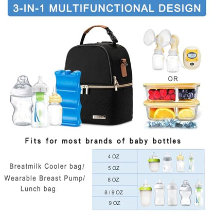 Breastmilk Cooler Bag with Ice Pack Fits 6 Baby Bottles up to 9 Ounce, Breast Milk Pump Cooler Bag with Shoulder Strap for Nursing Mom Daycare, Work, Travel- Black - color: Black