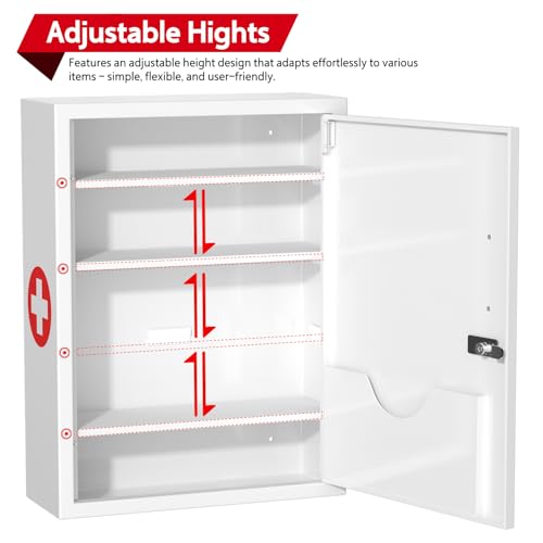 Wall-Mount Locking Medicine Cabinet: Large Metal Storage Organizer Box with Combination & Key Lock - Secure First Aid Medicine Cabinet for Bathroom Home Office(20.6" H x 15.75" W x 5.98" D) - color: Glossy White