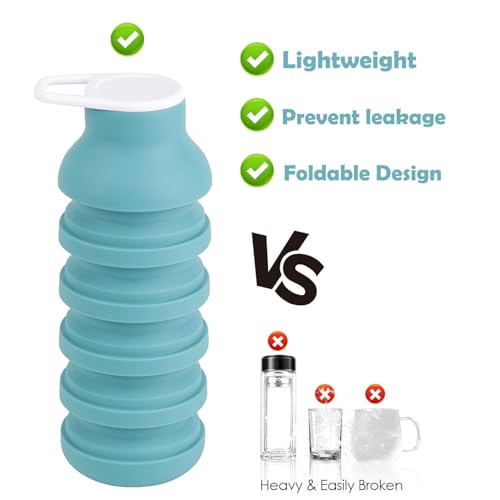 Collapsible Silicone Water Bottle – Foldable Travel Water Bottle Leakproof, BPA Free, Portable & Space-Saving – Perfect for Gym, Hiking,Travel(carabiner and cleaning brush),Light green - color: Lightgreen