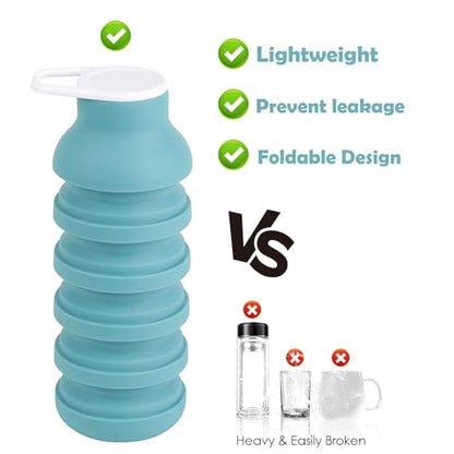 Collapsible Silicone Water Bottle – Foldable Travel Water Bottle Leakproof, BPA Free, Portable & Space-Saving – Perfect for Gym, Hiking,Travel(carabiner and cleaning brush),Light green - color: Lightgreen