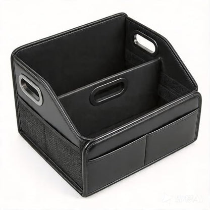 Car Storage Organizer Reinforced Dividable Leather Car Caddy Basket for Front Seat Floor Back Sturdy Frosted Handle 8 Compartments Adjustable Strap Buckles Slip-Resistant (Normal)