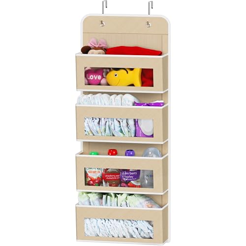Simple Houseware 4 Clear Window Pocket Over Closet Door Storage Hanging Organizer for Bedroom, Bathroom, Pantry, Beige - color: Beige, size: 4 Pockets