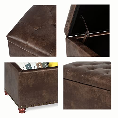 Leather Ottoman with Storage,24’’Foot Rest Ottomans with Hinged Lid Rectangle Upholstered Foot Stools Nailhead Trim for Living Room Bedroom,Brown - color: Brown