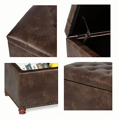 Leather Ottoman with Storage,24’’Foot Rest Ottomans with Hinged Lid Rectangle Upholstered Foot Stools Nailhead Trim for Living Room Bedroom,Brown - color: Brown