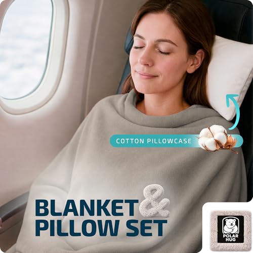 Travel Blanket and Pillow Set — Airplane Blanket with Inflatable Pillow and Cotton Pillowcase, Travel Blanket Combo with Back-Neck Snaps for Long Flights - color: Grey Set, size: 64x43''