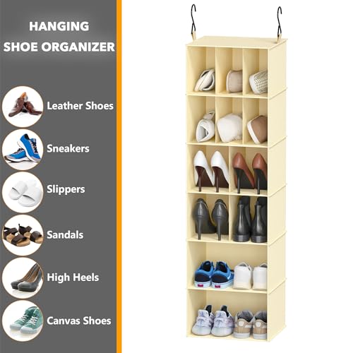 SpaceAid 2 Pack Hanging Closet Organizer and Storage with Dividers, 24 Compartments Hanging Shoe Shelves for Closet, Wardrobe, RV, Garment Rack - Beige - color: Beige