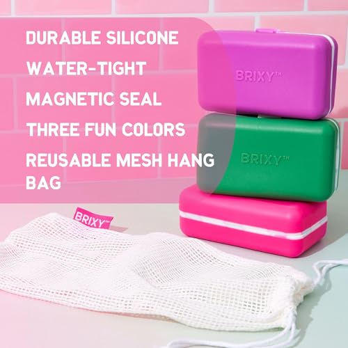 BRIXY Beauty Bar Travel Case Set – 3 Pack Soap Bar Travel Containers, Leakproof Portable Soap Holder, Durable Silicone, Magnetic Seal, TSA Friendly (Pink, Purple, Green) - color: Pink, Purple, Green