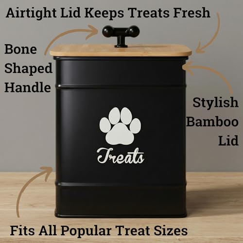 Dog Treat Container Airtight - 6 Inch Wide x 8 Inch Tall Iron Dog Treat Jar for Kitchen Counter with Airtight Bamboo Lid - 12 Cup Capacity Pet Treat Container - Doggie Cookie Jar - Big Treats Canister - color: Black