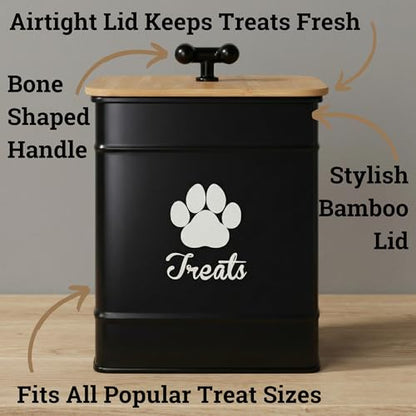 Dog Treat Container Airtight - 6 Inch Wide x 8 Inch Tall Iron Dog Treat Jar for Kitchen Counter with Airtight Bamboo Lid - 12 Cup Capacity Pet Treat Container - Doggie Cookie Jar - Big Treats Canister - color: Black