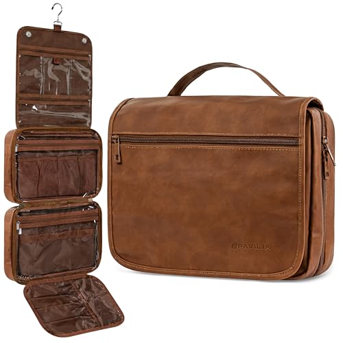 PAVILIA Hanging Toiletry Bag for Women Men, Large Travel Organizer with 5 Compartments & Swivel Hook, PU Leather Dopp Kit, Foldable Water-Resistant Makeup Cosmetic Bag for Full Size Bottles (Brown) - color: Brown