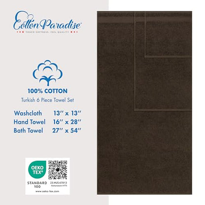 Cotton Paradise 100% Cotton Turkish Towel Set, Soft Absorbent Quick Dry, 6 Piece Towel Set, Chocolate Brown - color: Chocolate Brown