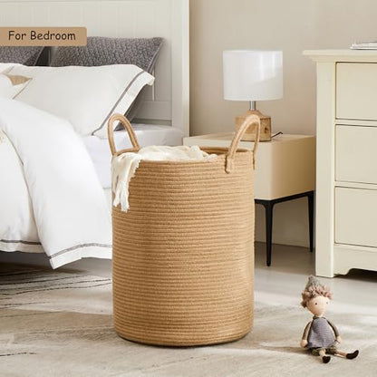 15Dx20H Inches Jute Woven Laundry Hamper Basket Wicker Rope Clothes Hamper Tall Rattan Blanket Basket in Living Room Bedroom 62L Large Capacity - color: Jute, size: Large (62L)