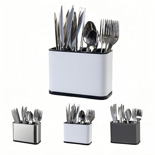 LIBODOUR Utensil Holder,Stainless Steel Caddy Counter,Spoon holder,4 Compartments Silverware Caddy,Capacity Flatware Spoon Fork Tool Cutlery Holder（White） - color: white