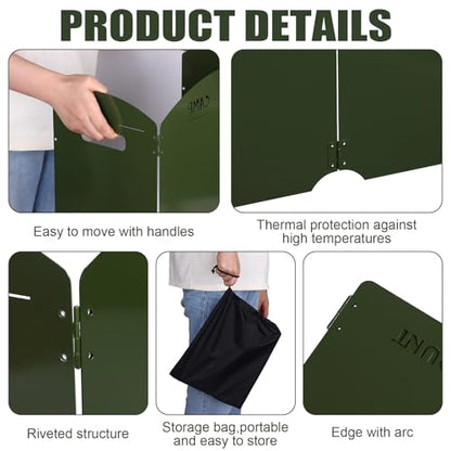 Camping Stove Windscreen 4 Plates Steel Camp Stove Windscreen Folding Outdoor Picnic Cooker Stove Wind Screen Windshield with Drawstring Bag for Camping, Hiking, Picnic, Backpacking, Cooking - color: Green
