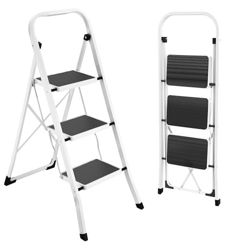 HBTower Step Ladder Folding Step Stool for Adults with Anti-Slip Pedal,330 lbs Capacity for Kitchen, Home,White - size: 3 Step Ladder