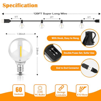 Brightever 120ft Outdoor G40 LED Globe String Lights Dimmable Waterproof Shatterproof Light Strings with 60+2 Bulbs Connectable Commercial Hanging Lights for Patio House Backyard Balcony - size: 120FT