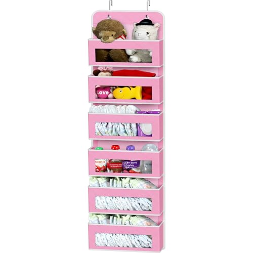 Simple Houseware 6 Clear Window Pocket Over Closet Door Storage Hanging Organizer for Bedroom, Bathroom, Pantry, Pink - color: Pink, size: 6 Pockets