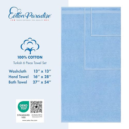 Cotton Paradise 6 Piece Towel Set 100% Cotton Soft Absorbent Turkish Towels for Bathroom, 2 Bath Towels 2 Hand Towels 2 Washcloths, Sky Blue Towel Set - color: Sky Blue