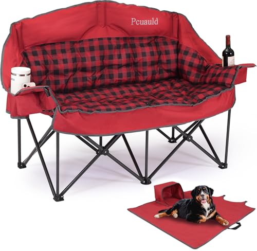 Double Camping Chair Padded Loveseat Camp Couch for Adults, Oversized 2 Person Love Seat with 2 in 1 Carry Bag, Heavy Duty Folding Outdoor Sofa with Cup Holders for Lawn Beach Tailgating, Red - color: Red