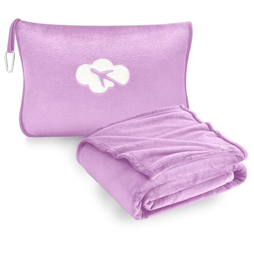 Travel Blanket and Pillow Compact, Premium Soft 2 in 1 Airplane Blanket with Soft Bag Pillowcase，Hand Luggage Sleeve and Backpack Clip (Solid Purple) - color: Solid Purple