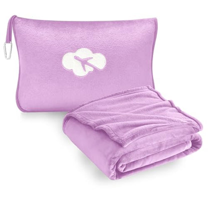 Travel Blanket and Pillow Compact, Premium Soft 2 in 1 Airplane Blanket with Soft Bag Pillowcase，Hand Luggage Sleeve and Backpack Clip (Solid Purple) - color: Solid Purple