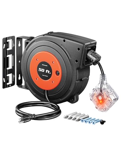 DEWENWILS 6 Grounded Outlets Retractable Extension Cord Reel, 50FT Heavy Duty Power Cord, Llluminatedn/off Switch, Wall/Ceiling Mounted for Garage, Workshop, ETL Listed - color: Orange,6 Outlet