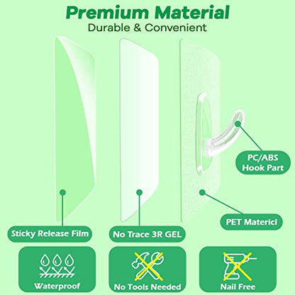 Adhesive Hooks, Heavy Duty Utility Hooks 20 lb(Max) Waterproof and Oilproof Removable, Clear Seamless Hooks Reusable Wall Hook for Kitchen Bathroom Bedroom Office - 10 Pack