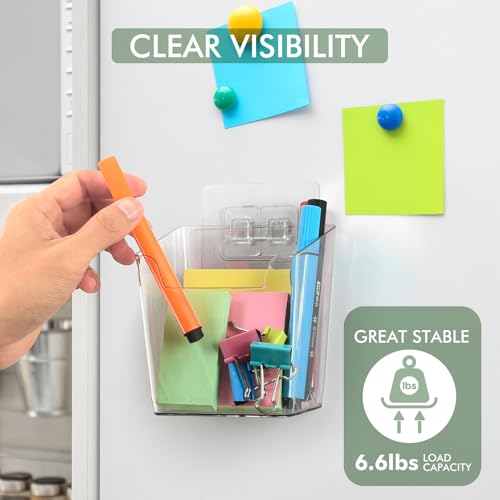 Clear Adhesive Wall Storage Bins, 4 Pack Cabinet Door Organizer Holders, Hanging Wall Mount Pockets, Plastic Cups for Shower Bathroom Makeup Office Craft Remote Kitchen Sink RV Organization (Small) - size: Small