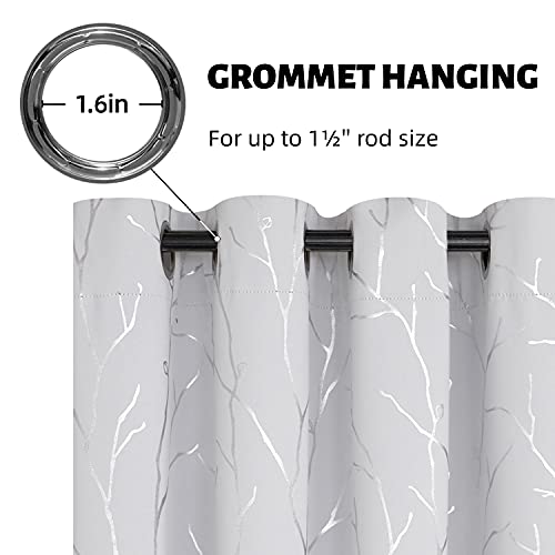 BUHUA White Blackout Curtain Panels, Room Darkening Curtains 96 Inches Long Grommet, Thermal Insulated Window Curtains with Silver Tree Branches Print, 38W x 96L, Greyish White, 2 Panels - color: Greyish White, size: 38"W x 96"L (Pack of 2)