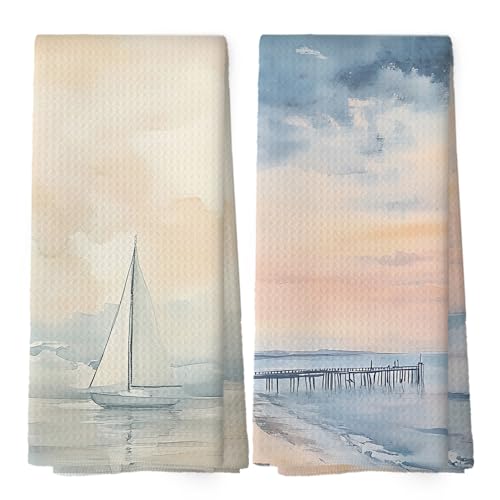 Nautical Beach Kitchen Towels - Coastal Dish Towels, Watercolor Sailboat Seaside Beachy Decorative Absorbent Dishcloths Hand Towels for Bathroom Kitchen Decor 16x24 Inches, Set of 2 - color: Summer-20