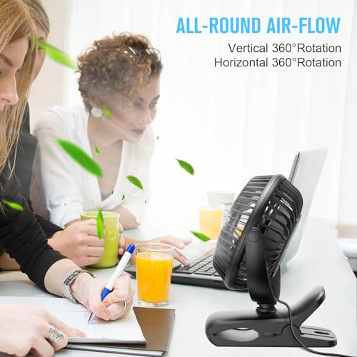 BESKAR Small Clip on Fan, 3 Speeds USB Fans with Strong Airflow, Clip & Desk Fans USB Plug in with Sturdy Clamp - Ultra Quiet operation for Office Dorm Bedroom Stroller - color: Dark Black