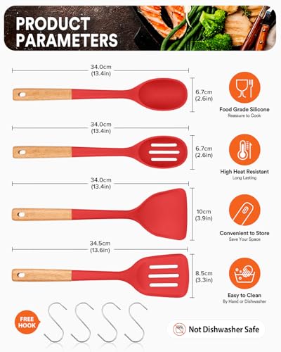 Silicone Cooking Utensils Set, Perfectly Angled for Frying, Mixing,Serving,Draining,Turning and Stirring, BPA-Free Matte Silicone, Wood Handles, Safe for Nonstick Cooking Surfaces,4 Pack (Red) - color: Red