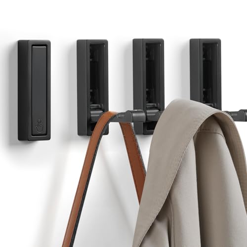 Folding Wall Hooks, 4pcs Foldable Coat Hooks, Heavy Duty Zinc Alloy No Rust Fold Up Hooks for Coat, Towel, Key, Hat, Bag, Jacket, Backpack (Matte Black)